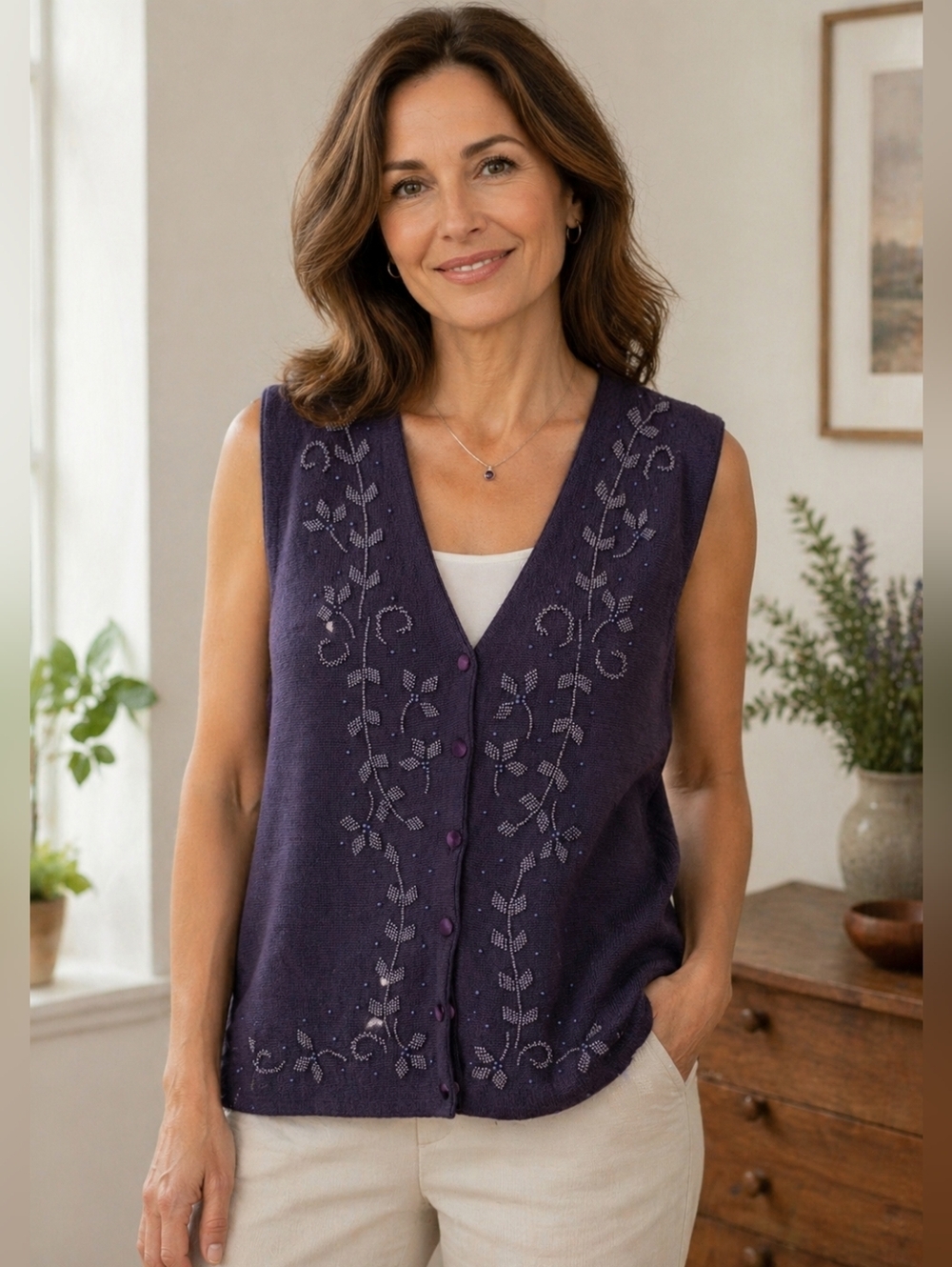 Vintage Koret Purple Beaded Sweater Vest Button Front Floral Detail